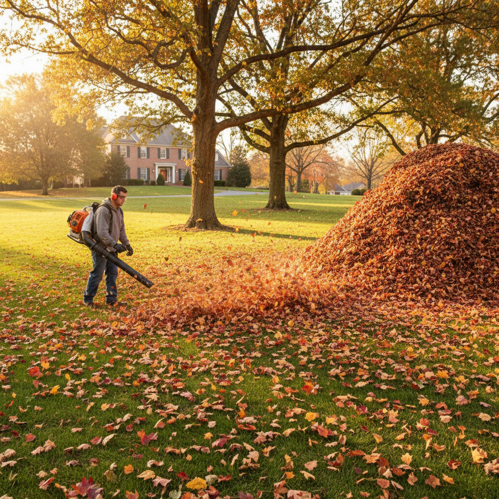 Leaf removal service clearing a yard in Arlington