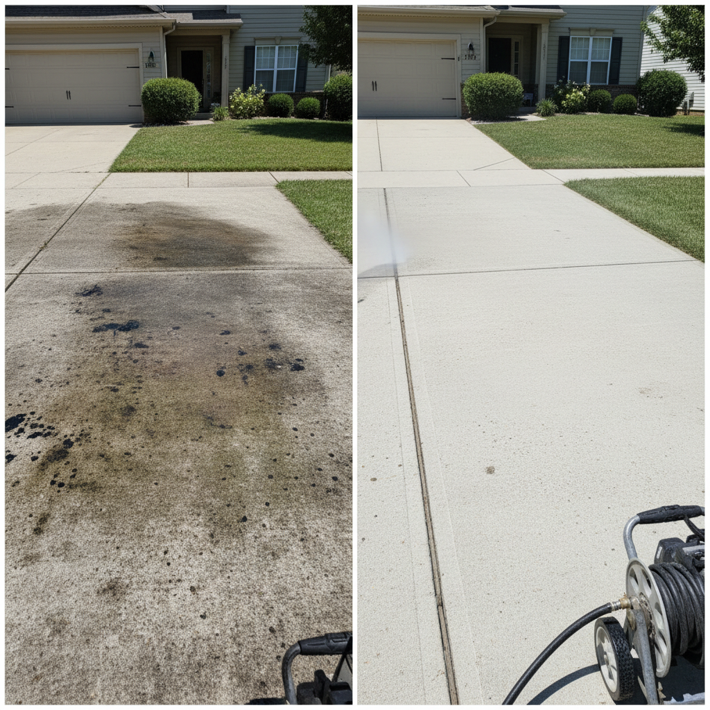 Power washing driveway before and after