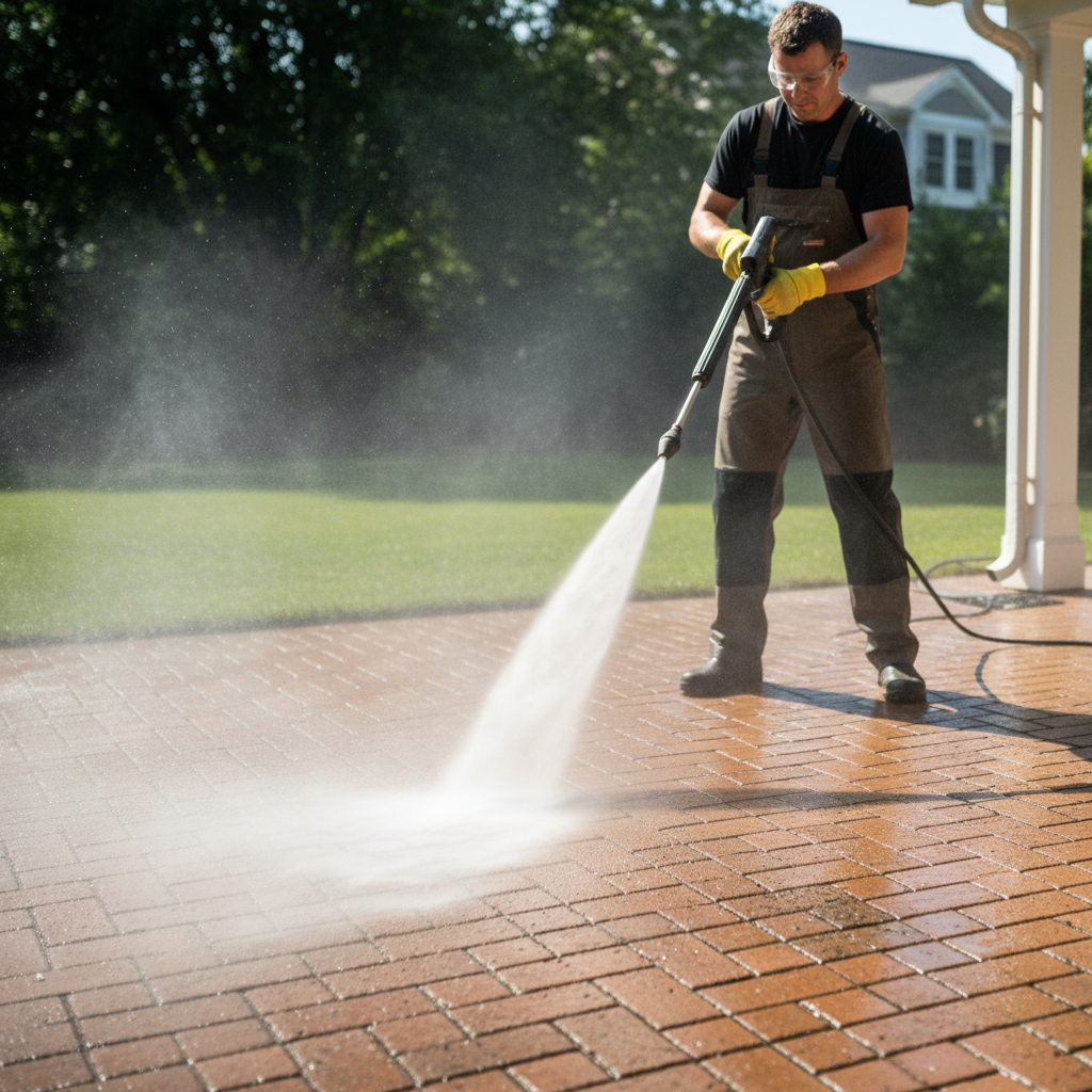 Power washing patio in action